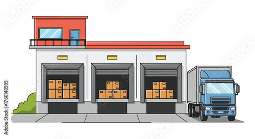Efficient logistics distribution center with delivery truck awaiting shipment, perfect for supply chain themes or illustrating modern business operations
