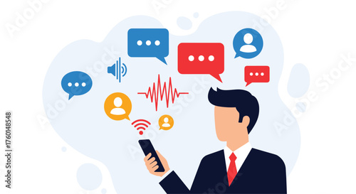 Modern businessman engaging in vibrant digital communication through mobile phone, connecting via social media and audio waves for dynamic interactions