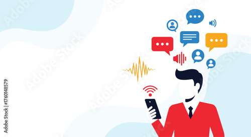 Modern business communication with a stylish design showcasing mobile technology and engagement through vibrant chat bubbles and audio waveforms online