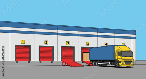 Yellow delivery truck unloading goods at modern warehouse loading dock with red doors, perfect for logistics and supply chain presentations or marketing materials