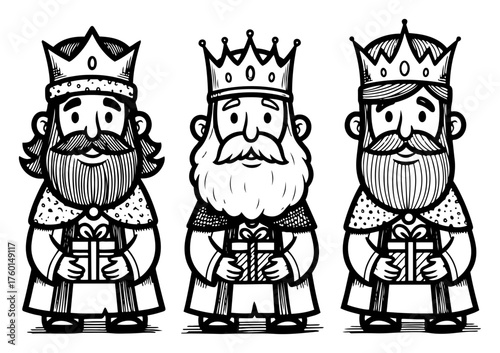 Three Wise Men hand drawn vector illustration. Biblical Magi characters for Nativity scene. Three Kings cartoon sketch for Epiphany holiday. Christian Christmas story isolated elements.