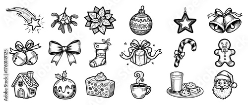 Big set of hand drawn Christmas doodle elements. Vintage holiday icons collection sketch illustration. Santa gift gingerbread man stocking mistletoe and other traditional symbols vector pack.