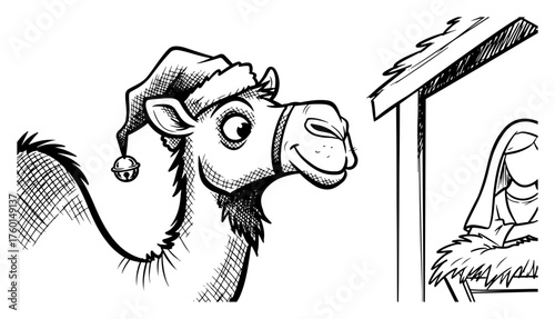 Hand drawn funny camel in Santa hat at nativity scene. Vector sketch illustration of Christian Christmas story with Virgin Mary.