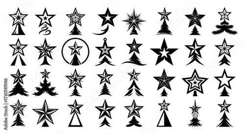 Big set of vector Christmas stars icons. Collection of black decorative star shapes sparkles and tree toppers illustration.