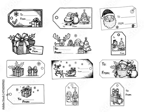 Set of hand drawn Christmas gift tags. Vector sketch collection of vintage festive labels with Santa reindeer snowman and presents.