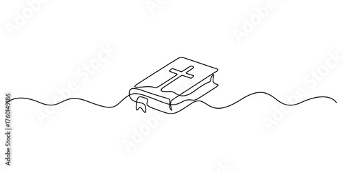 Continuous one line drawing of Bible. Bible linear icon. Single line art Bible vector illustration