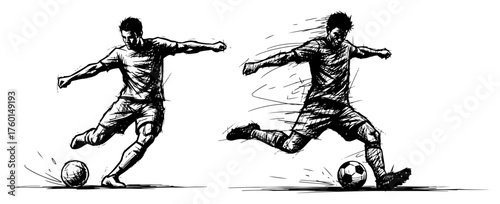 Hand-drawn soccer player kicking a ball vector illustration set. Dynamic football sketch style isolated on white background. Action sport doodle.