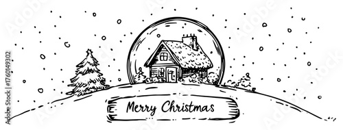 Hand-drawn snow globe with a winter house scene vector illustration. Christmas sketch of a cozy cabin in a glass ball. Holiday greeting card design.