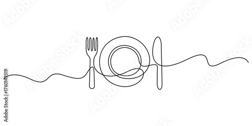 Continuous one line drawing of plate, spoon and fork minimal outline vector illustration