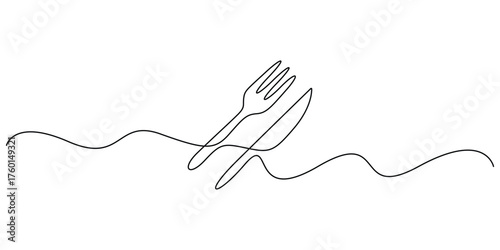 Continuous one line drawing of knife and fork minimal outline vector illustration