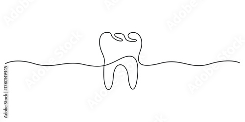 Tooth icon in one continuous line drawing style. Single line art tooth icon. One line drawing human tooth. Graphic illustration