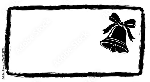 Christmas bell silhouette with a bow in a grunge brush stroke frame. Vector illustration of a black festive jingle bell icon.