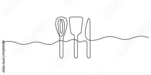 Continuous one line drawing of kitchen whisk, knife and spoon. Kitchen tools concept minimal outline vector illustration