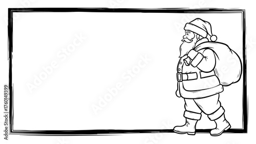 Hand drawn Santa Claus with a sack of gifts in a grunge brush stroke frame. Vector sketch illustration for Christmas with copy space.