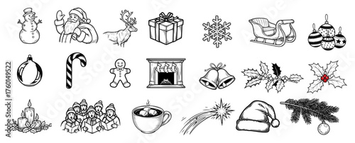 Christmas Doodle Icons – Hand-Drawn Holiday Elements Vector: Snowman Santa Reindeer Gifts Snowflakes Sleigh Ornaments