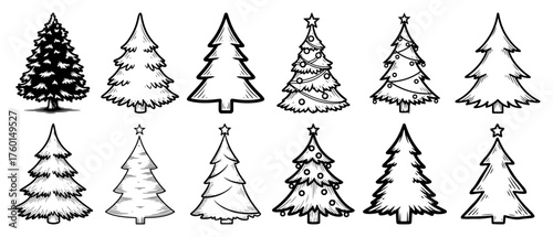 Christmas Tree Icon Set – Hand-Drawn Fir and Spruce Variations Minimal Outline Vector Pack
