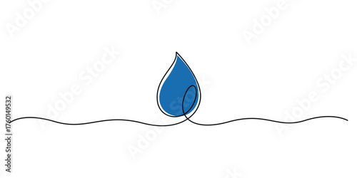 Blue water drop continuous one line drawing minimalist outline vector illustration