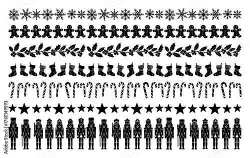 Christmas Seamless Borders – Snowflakes Gingerbread Chain Stockings Candy Canes Stars and Nutcracker Rows Vector