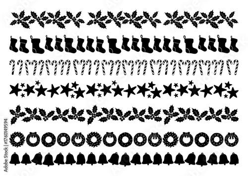 Christmas Seamless Border Pack – Holly Stockings Candy Cane Star Wreath and Bell Repeat Dividers Vector