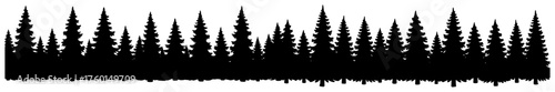 Seamless forest silhouette border. Pine tree landscape background. Black vector illustration of fir woods. Winter or Christmas nature panorama for decorative divider or frame design.