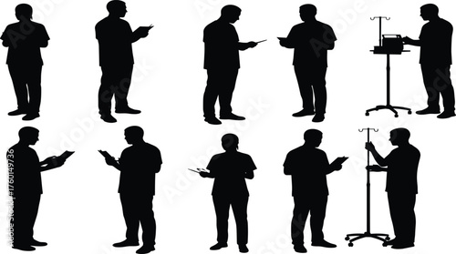 Medical professional silhouette set showing doctor with clipboard, IV stand, and patient care poses for hospital and healthcare illustrations.