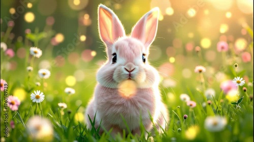 Cute Baby Bunny Sitting Among Flowers in Sunlit Meadow with Soft Focus