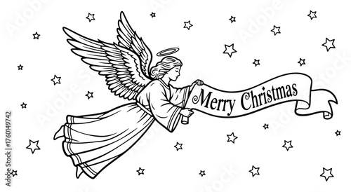 Vintage Christmas Angel with Banner – Hand-Drawn Merry Christmas Illustration Vector