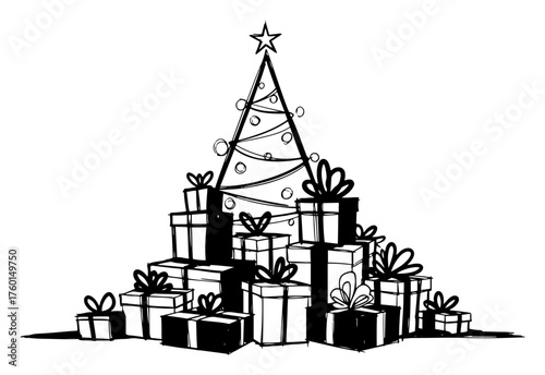 Hand-Drawn Christmas Tree with Stacked Presents – Doodle Holiday Illustration Vector