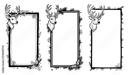 Reindeer Decorative Frames Set – Hand-Drawn Winter Borders with Holly and Snowflakes Vector