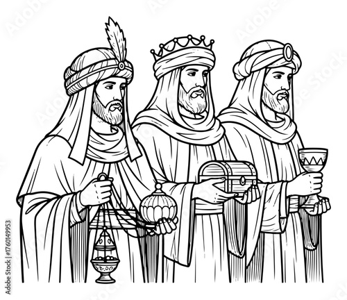 The Three Wise Men from the East vector illustration. Biblical Magi from the Nativity scene. Christmas religious characters for coloring book.
