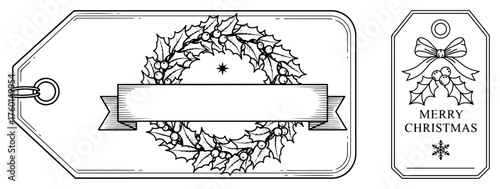 Set of hand-drawn Christmas gift tags. Vintage holiday label templates with holly wreath and ribbon. Xmas vector sketch illustration.