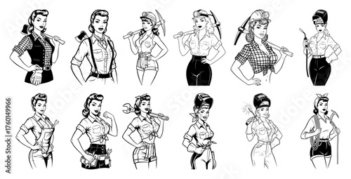 Set of retro pin-up working girls. Collection of vintage style beautiful and strong women characters. Female lumberjack miner welder mechanic vector illustrations. Hand drawn feminist labor icons.