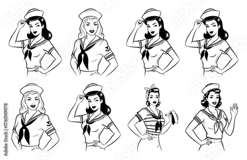 Set of retro sailor pin-up girls. Collection of beautiful women in vintage navy uniforms. Hand drawn nautical character vector illustrations. Marine theme comic style ladies isolated on white.