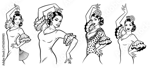 Set of beautiful Spanish flamenco dancers. Vector collection of vintage pinup girls in traditional dresses performing a passionate dance.