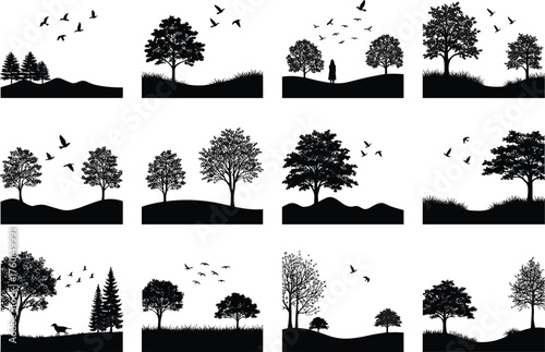 Minimalist nature silhouette vector set featuring trees, birds, animals, and hills in black and white for serene landscape design.