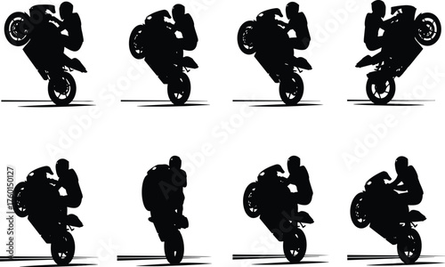 Motorcycle stunt silhouette set showing wheelie tricks, extreme sports action poses for motorsport, urban thrill, and dynamic vector design themes