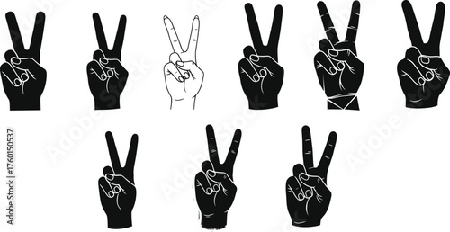 Peace and victory hand gesture silhouette set with artistic variations, line style, bandage detail, goodwill symbol, and expressive poses.