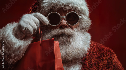 Santa Claus, a symbol of Christmas, is holding a red gift bag while wearing sunglasses