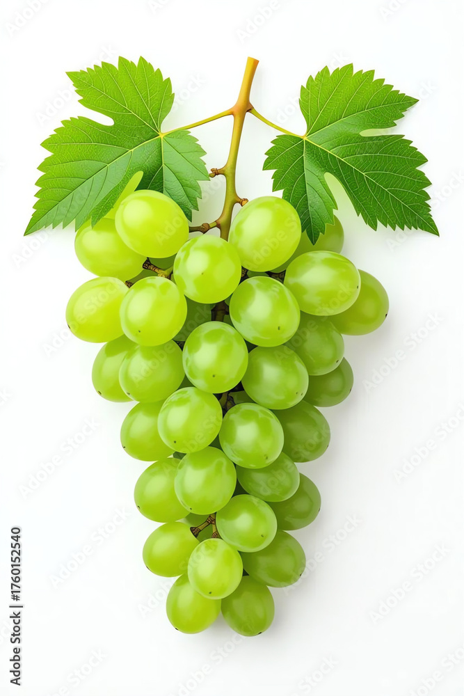 Obraz premium A radiant bunch of fresh, healthy green grapes with lush leaves, elegantly presented on a clean white background.