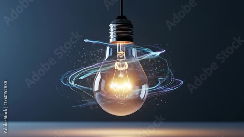 A glowing light bulb hangs centered, surrounded by colorful streaks against a dark background, reflecting