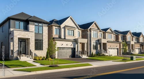 Row of modern upscale townhouses in a residential suburban neighborhood