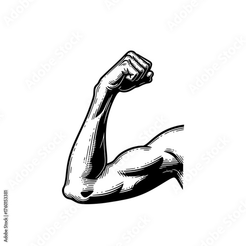 A skinny muscle bicep flexed in a vintage engraving style vector illustration, isolated on a white background