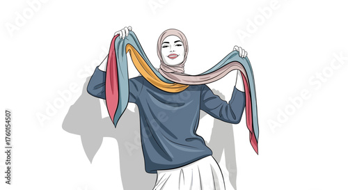 Young Muslim Woman Wearing Hijab and Colorful Scarf.