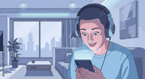 Young man enjoying music on headphones using a smartphone at home.