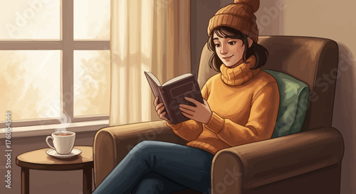 A young woman enjoys reading a book in a cozy armchair by the window.