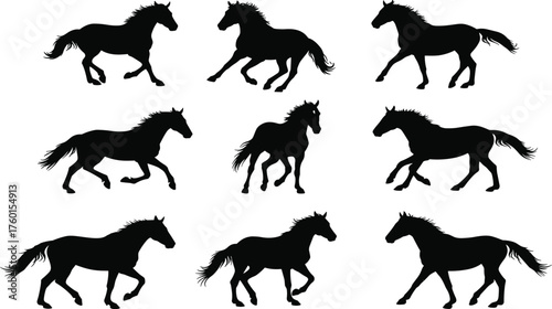 Horse Gallop Silhouette Sequence – Black Vector Grid Showing Dynamic Running Poses for Animation, Motion Study, Equine Anatomy, and Design