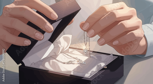 Mans hands carefully opening a gift box with a glowing necklace inside.