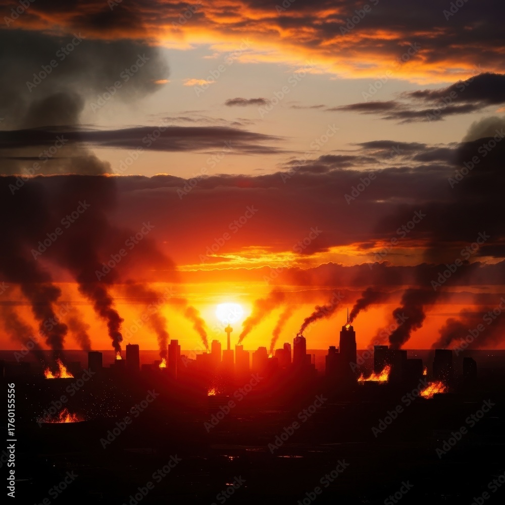 Fototapeta premium Cityscape at Dusk Under Siege with Dark Smoke Rising in the Skyline