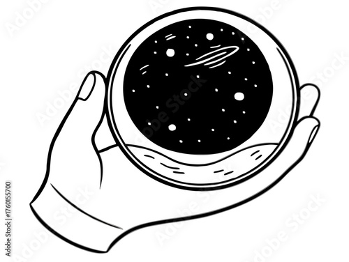 Hand holding a glass sphere with stars and a spaceship silhouette isolated on white background
