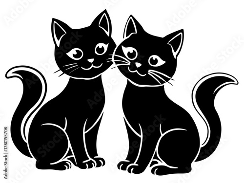 Two adorable black cat silhouettes sitting together isolated on white background